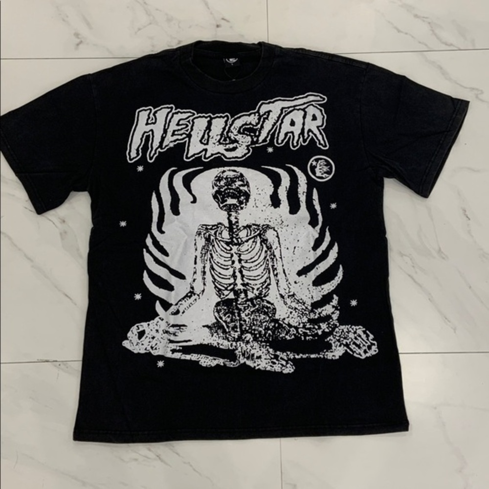 Hellstar Flaming Skeleton Washed Black / White T-Shirt Mens Size Large